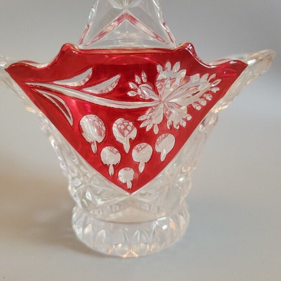 MINT ANNA HUTTE 24% CRYSTAL BASKET VASE RUBY RED FLASHED ON SIDES BLEIKRISTALL - Picture 2 of 6